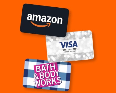 Amazon, Visa, and Bath & Body Works gift cards.